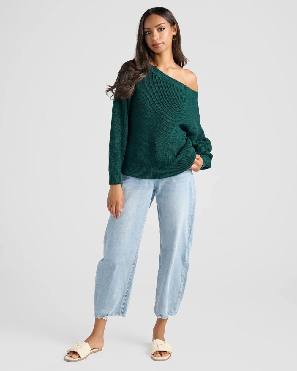 NEW 78&Sunny SEAS Coastal Hunter Green One Shoulder Ribbed Knit Sweater S